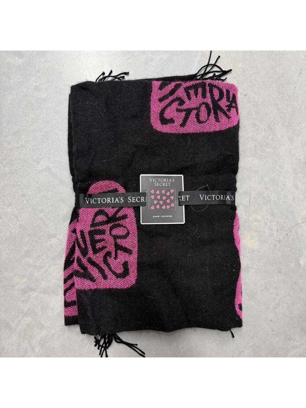 Victoria’s Secret Love Victoria Blanket 50x60 Black Pink Throw Fringe NWT
